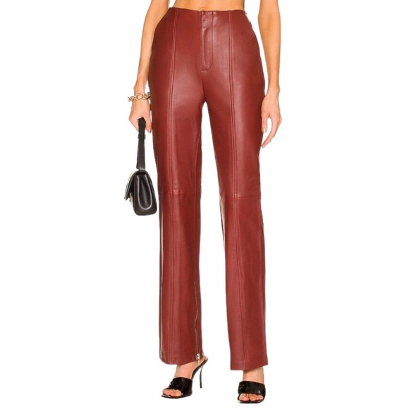 L'Academie Pants - L'Academie Womens Pants Kira Burgundy Red Leather Zip Ankle High Rise Trouser XS